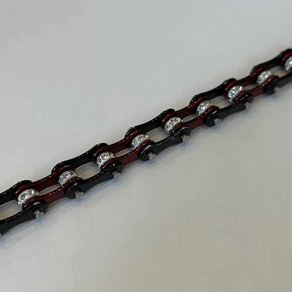 Black & Maroon Bike Chain Bracelet with Clear Stones - Picture 2 of 4